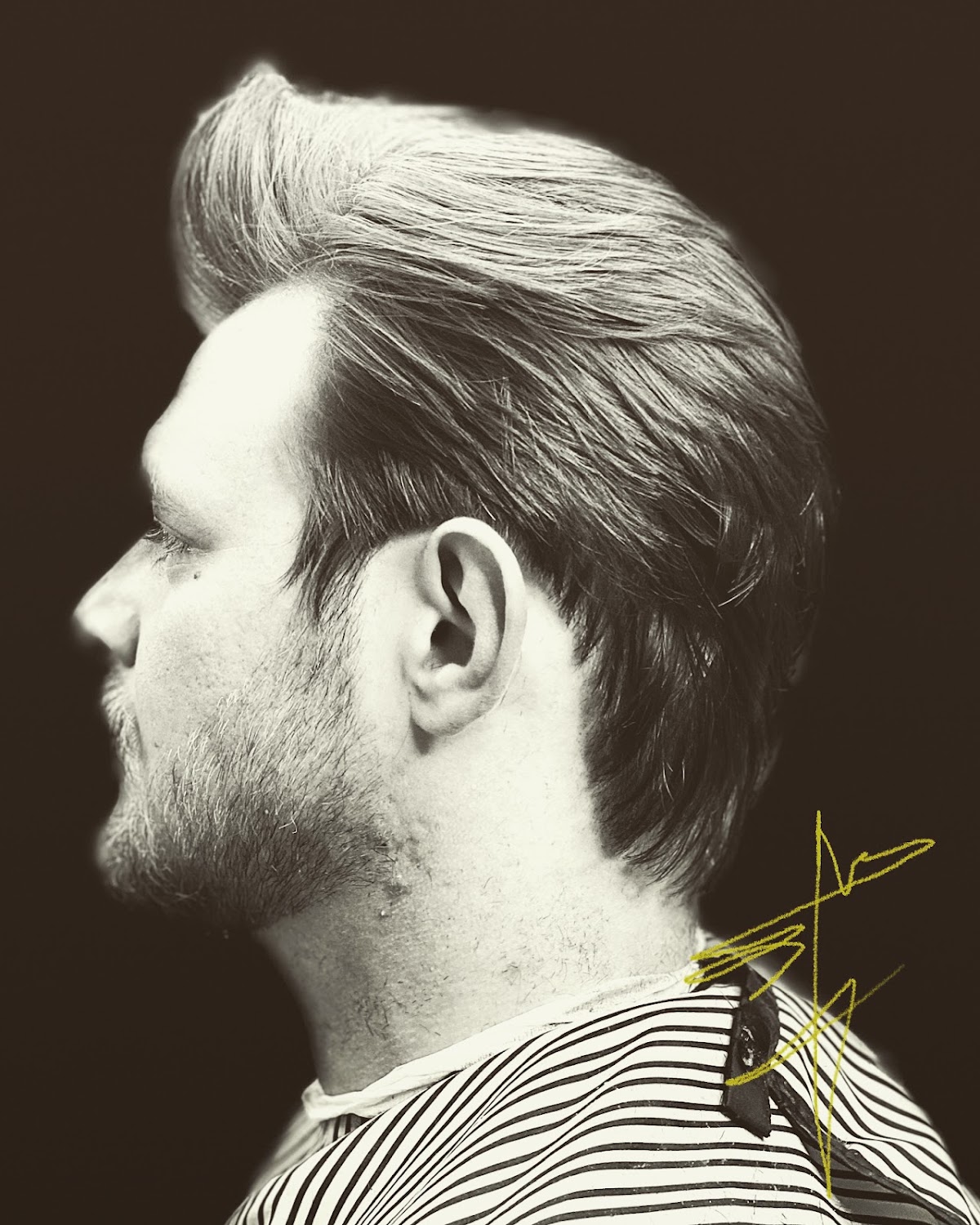 Slicked-back pompadour and beard, black and white portfolio shot