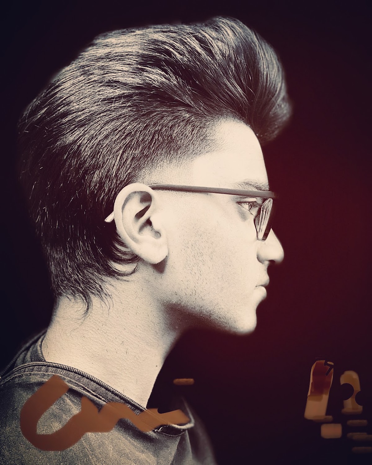 Pompadour with low fade, sepia portfolio shot